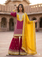 Magenta and yellow embroidered georgette sharara suit set in Berlin Namma Markt