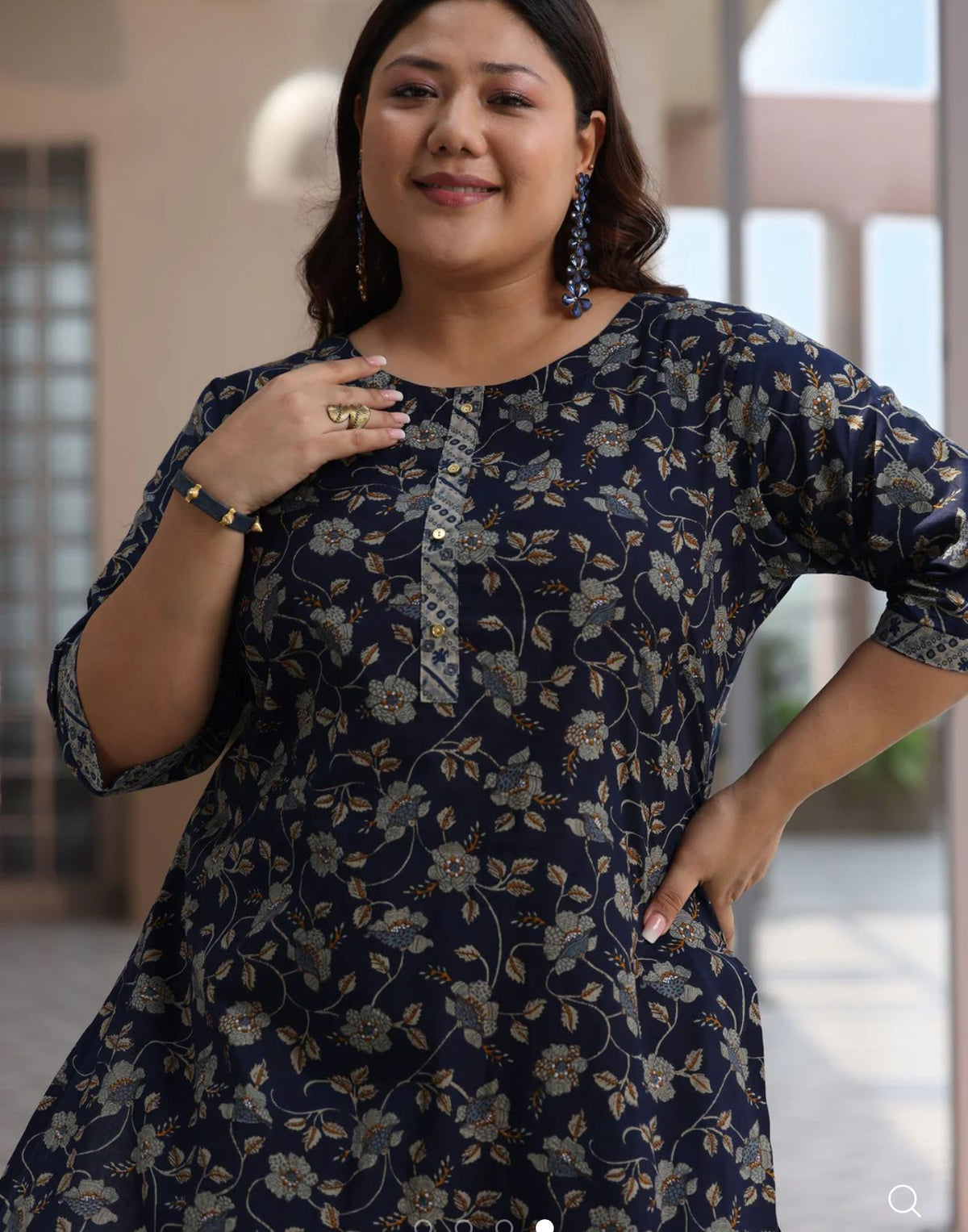 Plus Size Blue Printed Cotton Straight Suit With Dupatta