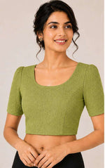 Olive green Crushed Textured Saree Blouse with Scoop Neck and Puff Half Sleeves in Germany