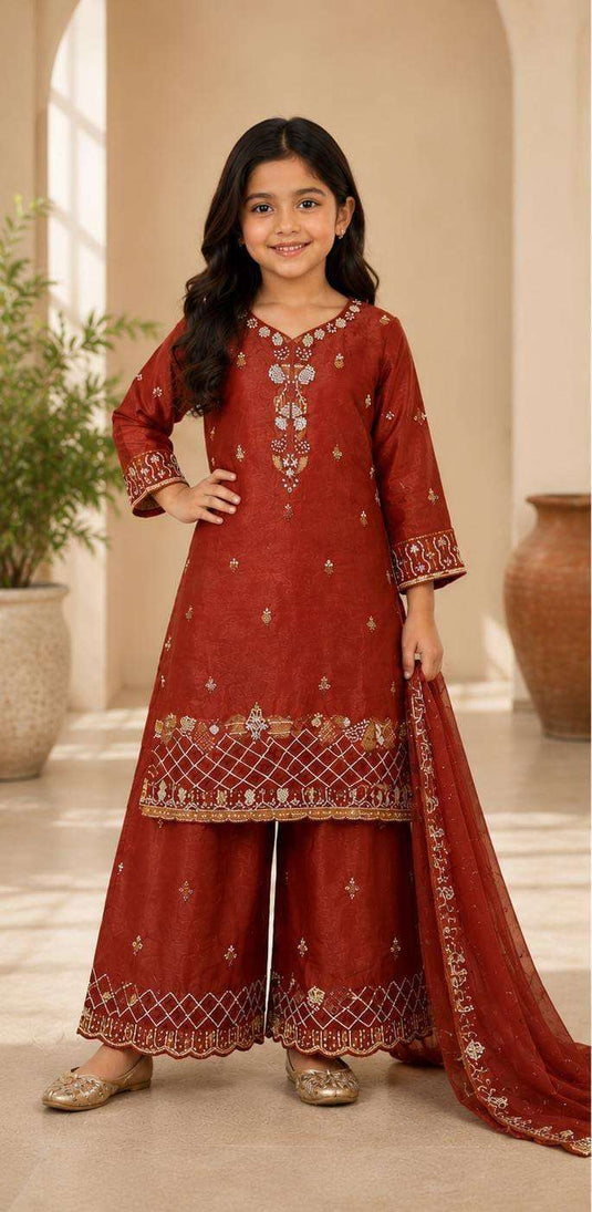 Girls' Red Embroidered Pakistani Style Kurta Palazzo Set with Dupatta in Germany