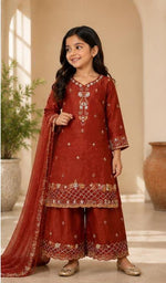 Girls' Red Embroidered Pakistani Style Kurta Palazzo Set with Dupatta in Germany