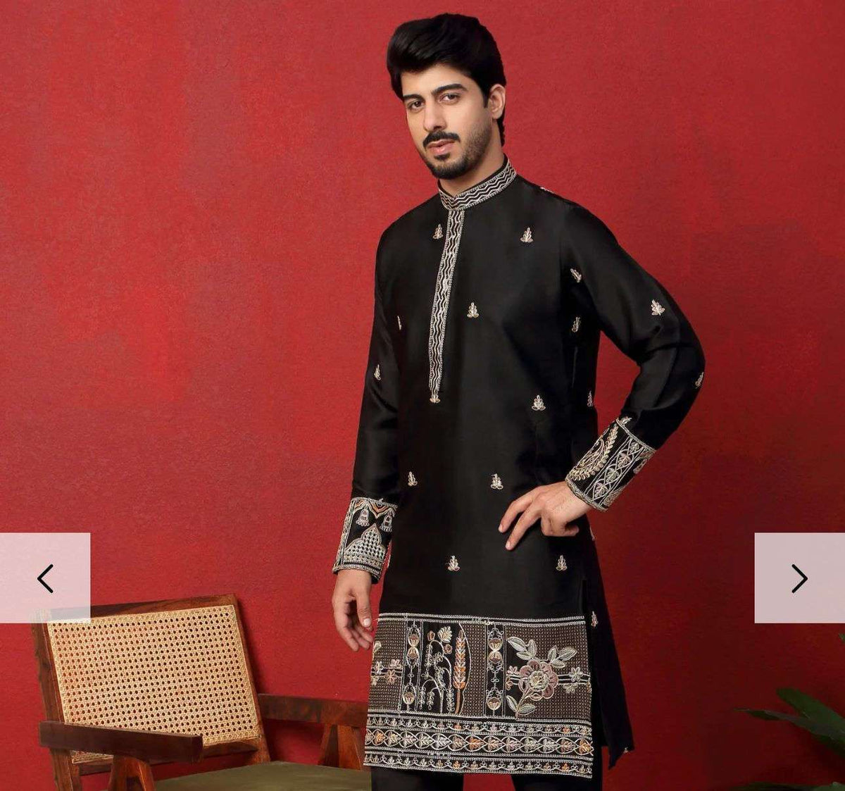 Men's Cotton Silk Floral Daman Embroidered Kurta Trouser Pant Set in Germany Namma Markt