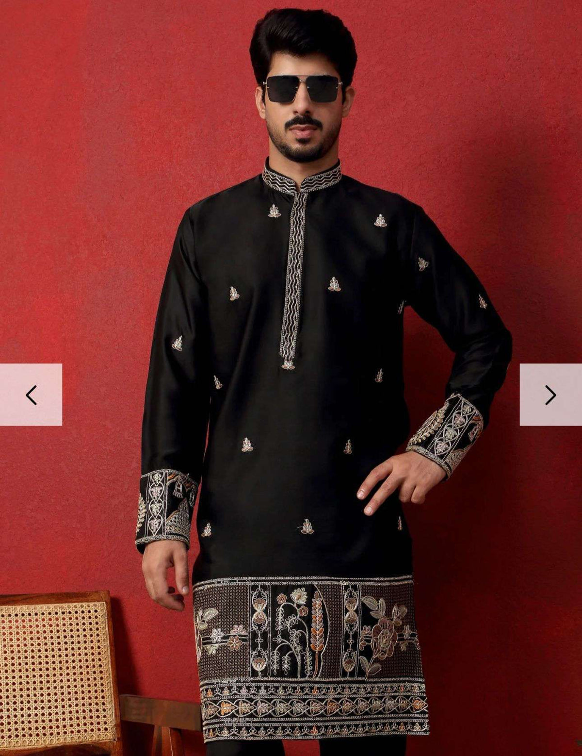 Men's Cotton Silk Floral Daman Embroidered Kurta Trouser Pant Set in Germany