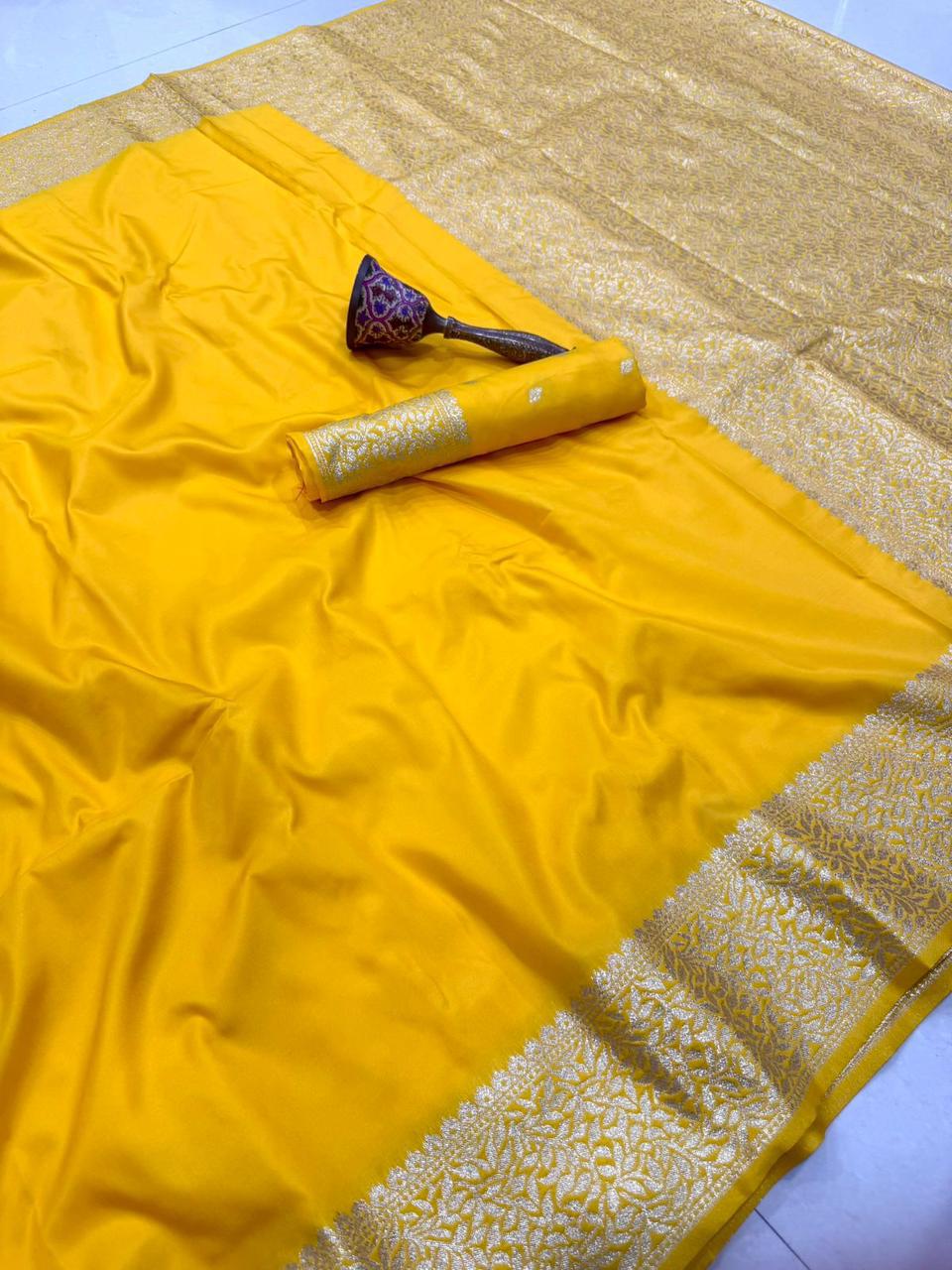 Vibrant Yellow Banarasi Silk Saree with Silver Zari in Germany Namma Markt