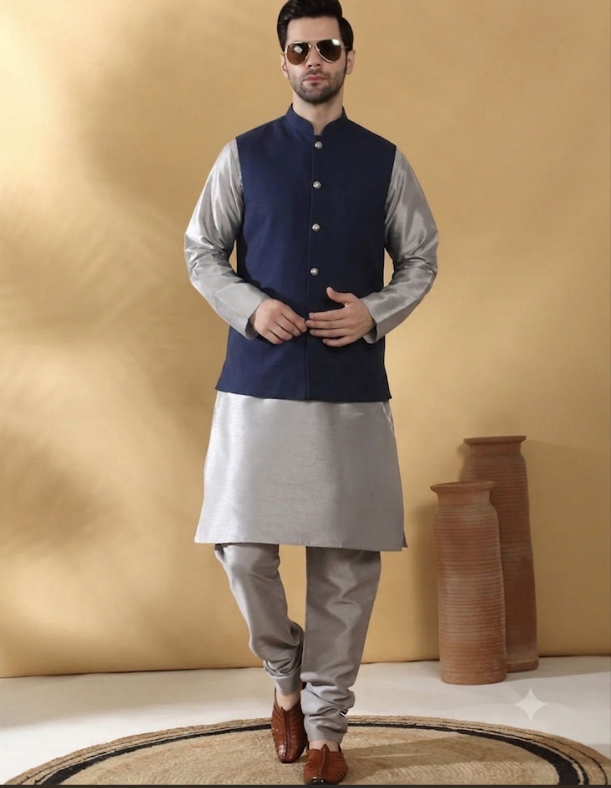Grey Silk Blend Kurta churidar with Jacquard Geometric Sleeveless Nehru Jacket set in Germany