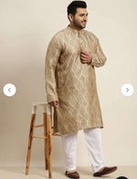 Men's Jacquard Silk Beige & Gold Kurta with Pyjama in Berlin Namma Markt