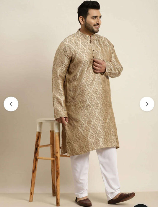 Men's Jacquard Silk Beige & Gold Kurta with Pyjama in Berlin Namma Markt