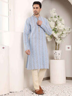 Blue Printed Straight Cotton Kurta with Pyjama in Germany