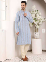 Blue Printed Straight Cotton Kurta with Pyjama in Germany
