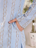 Blue Printed Straight Cotton Kurta with Pyjama in Germany
