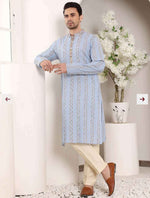 Blue Printed Straight Cotton Kurta with Pyjama in Germany
