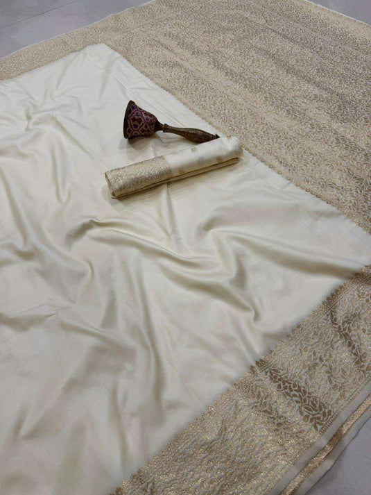 Off-White Banarasi Silk Saree in Germany