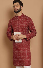 Men Maroon Geometric Printed Thread Work Pathani Kurta with Pjyama in Germany