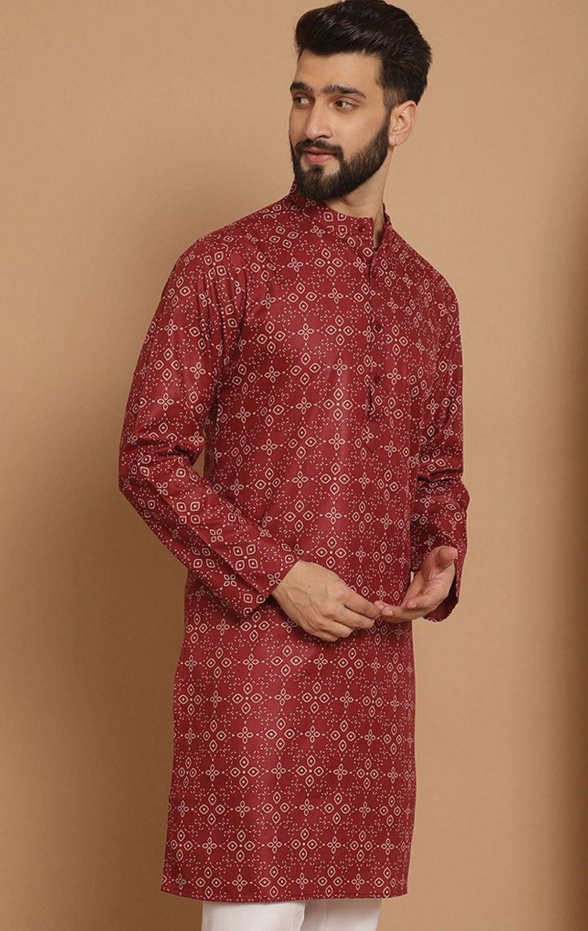 Men Maroon Geometric Printed Thread Work Pathani Kurta with Pjyama in Germany