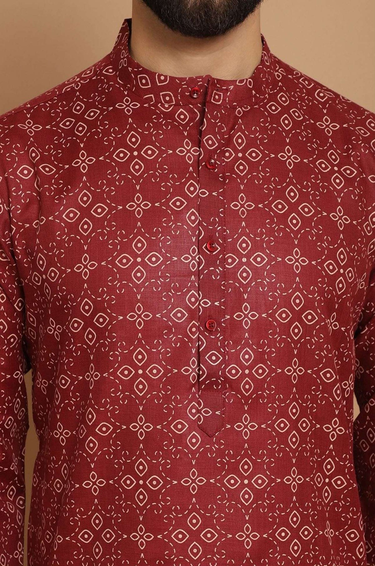Men Maroon Geometric Printed Thread Work Pathani Kurta with Pjyama in Germany