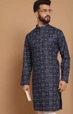 Men Navy Blue Geometric Thread Work Kurta with Pyjama in Germany