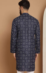 Men Navy Blue Geometric Thread Work Kurta with Pyjama in Germany
