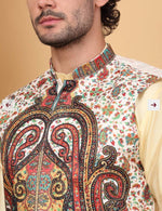Men Silk Blend Cream Paisley Kashmiri Printed Nehru Jacket in Germany