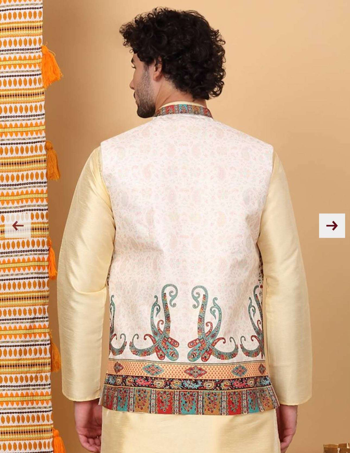 Men Silk Blend Cream Paisley Kashmiri Printed Nehru Jacket in Germany