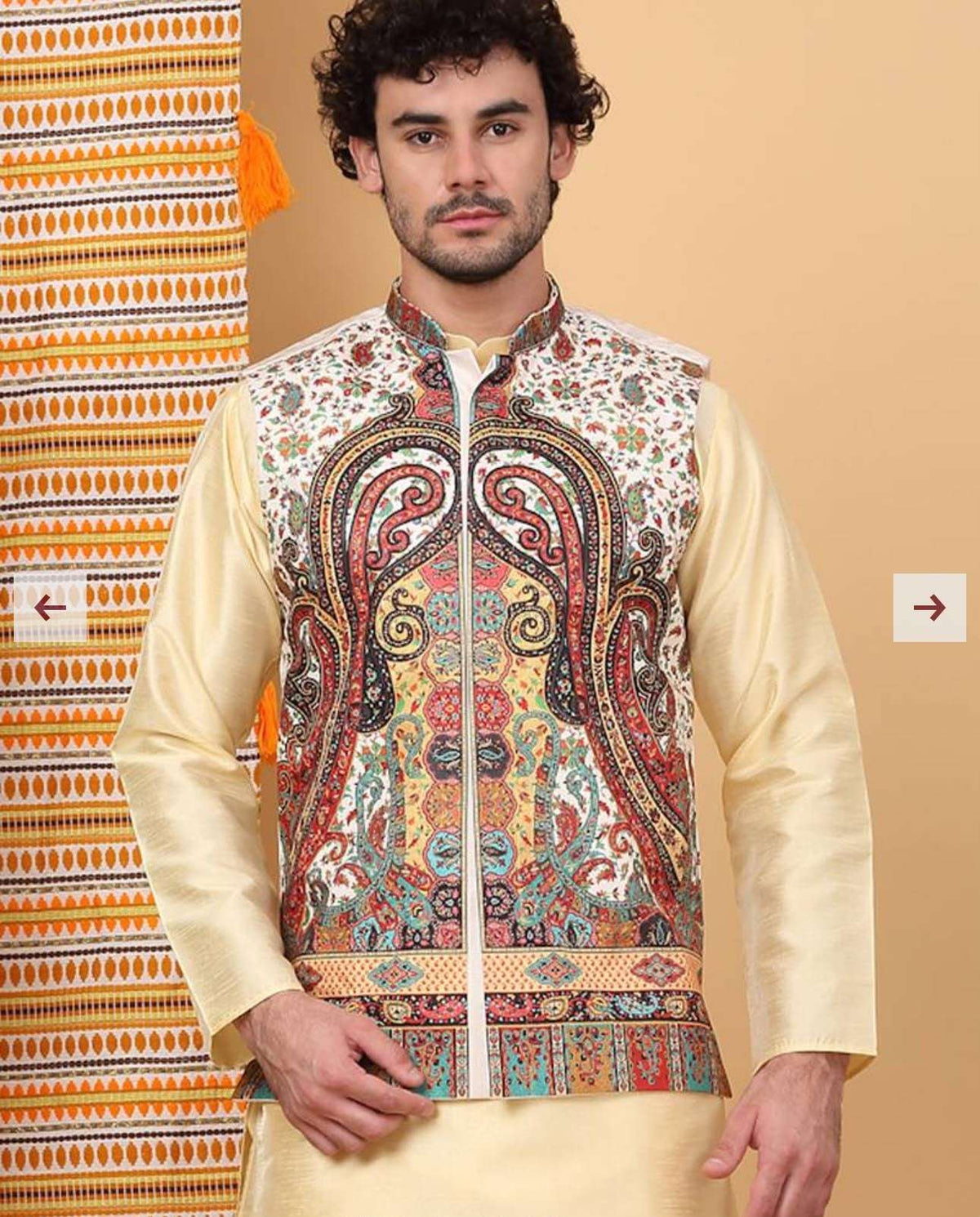 Men Silk Blend Cream Paisley Kashmiri Printed Nehru Jacket in Germany