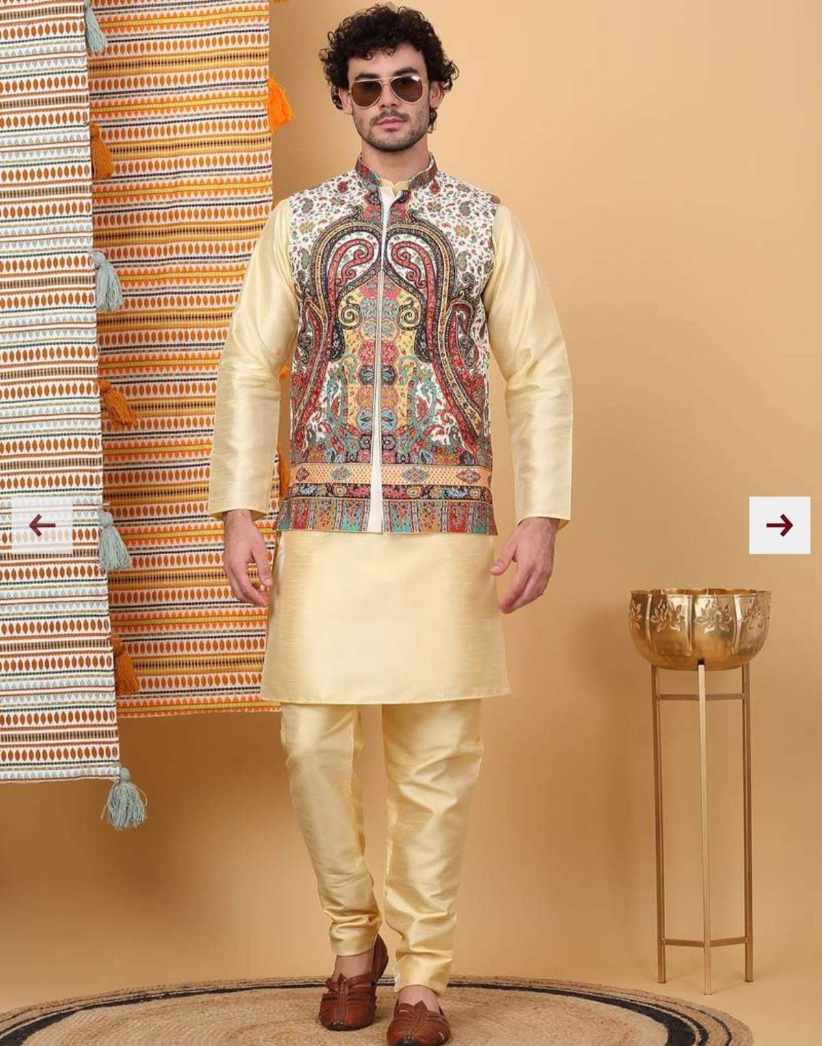 Men Silk Blend Cream Paisley Kashmiri Printed Nehru Jacket in Germany