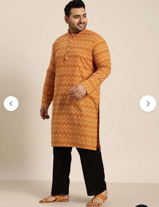 Men's Cotton Mustard and Cream Printed Only Long Kurta in Germany Namma Markt