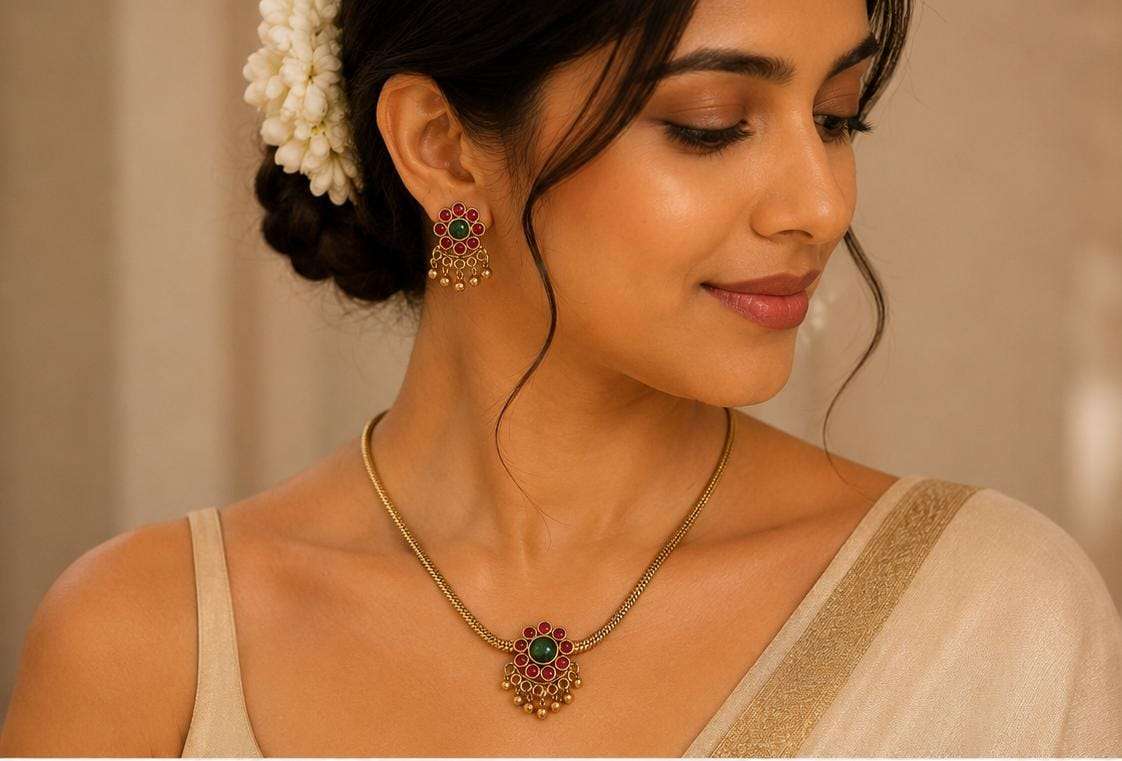 Traditional South Indian Kemp Attigai Jewelry Set in Germany