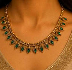 Traditional South Indian Antique Gold Mango Design Green Kemp Stone Necklace Set in Germany