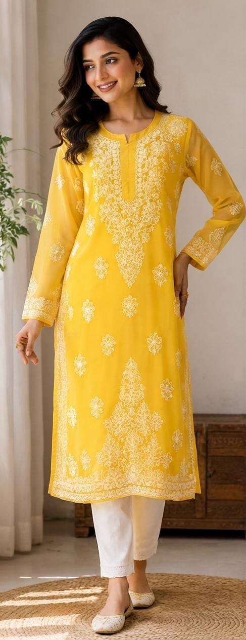 Yellow Lucknowi Chikankari Straight Kurta without inner in Berlin Namma Markt