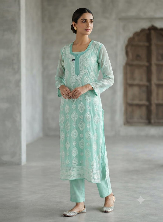 Sea Green Georgette Lucknowi Chikankari Kurta without inner in Berlin