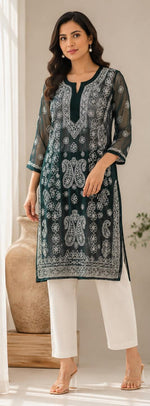 Bottele Green Hand Embroidered Lucknowi Chikankari Georgette Straight Kurta without inner in Berlin