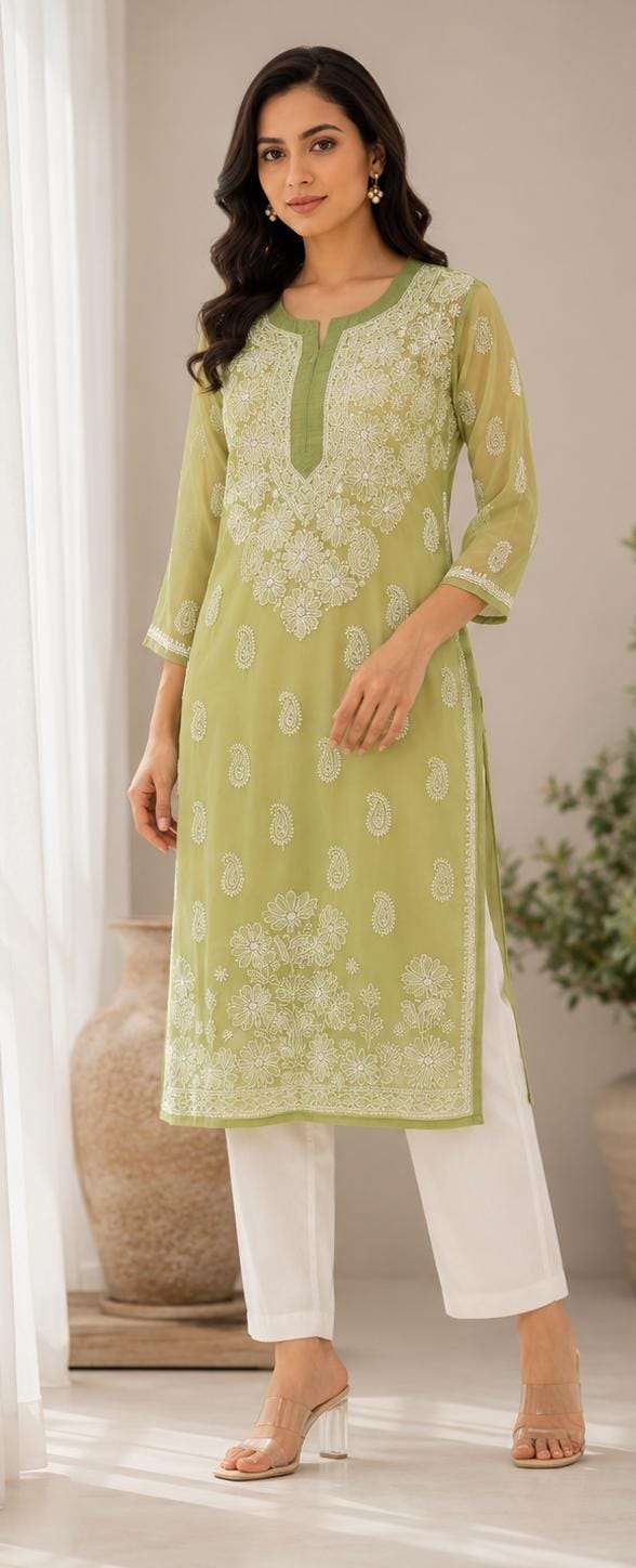 Green Hand Embroidered Lucknowi Chikankari Straight Kurta without inner in Berlin