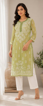 Green Hand Embroidered Lucknowi Chikankari Straight Kurta without inner in Berlin