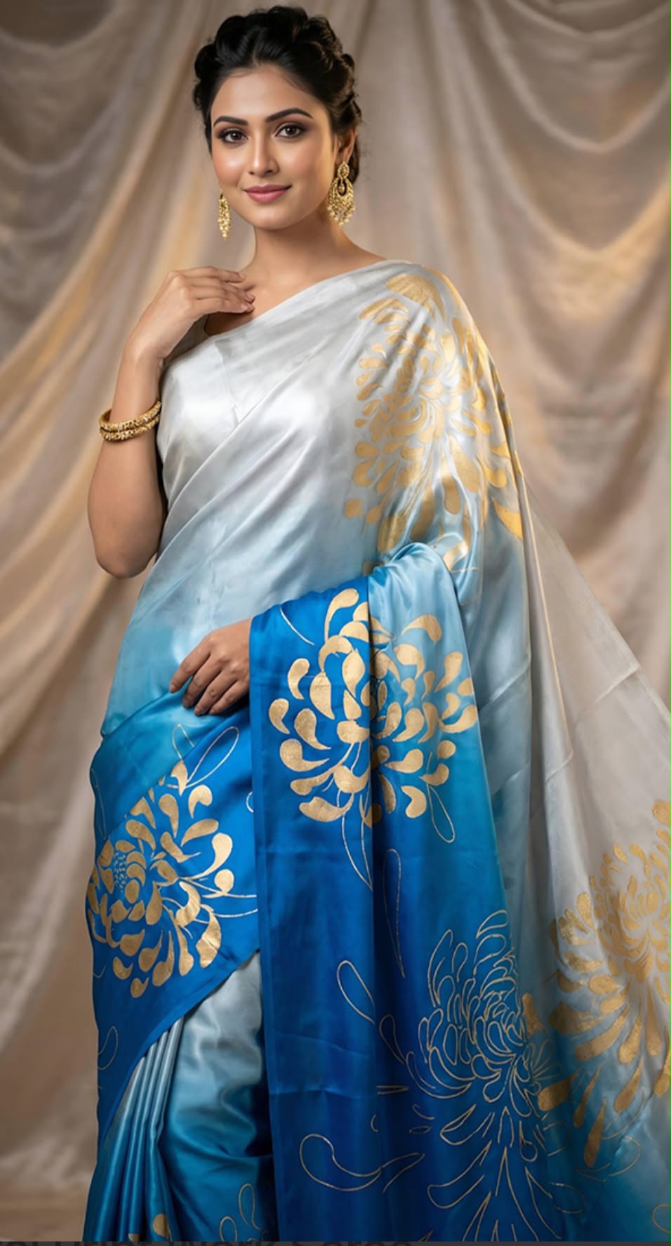 Chinon Silk Silver Grey and Blue Casual Wear Digital Print Work Saree in Germany Namma Markt
