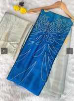 Chinon Silk Silver Grey and Blue Casual Wear Digital Print Work Saree in Germany Namma Markt