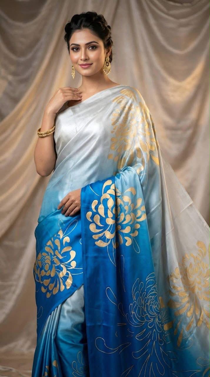 Chinon Silk Silver Grey and Blue Casual Wear Digital Print Work Saree in Germany Namma Markt