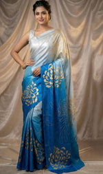 Chinon Silk Silver Grey and Blue Casual Wear Digital Print Work Saree in Germany Namma Markt