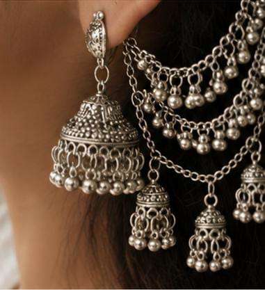 Traditional Oxidized Silver Bahubali Jhumka Ear-Chains in Germany