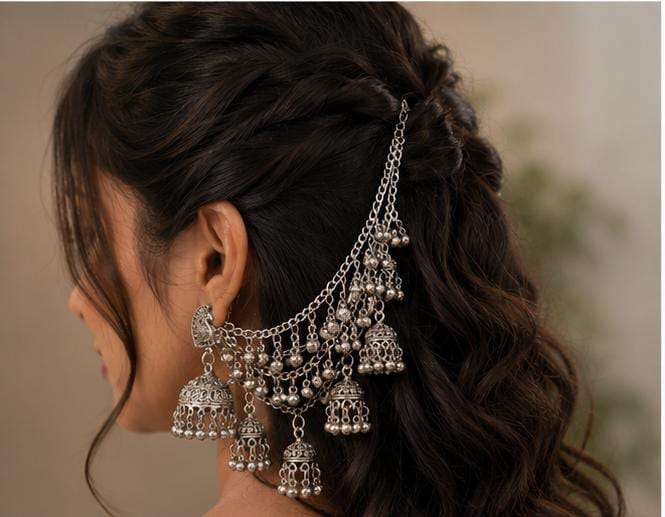 Traditional Silver Oxidized Bahubali Jhumka Hair Chain Earrings in Germany Namma Markt
