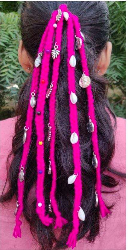 Handcrafted Boho Festive Pink Yarn Hair Parandi with Cowrie Shells & Metallic Charms in Germany Namma Markt