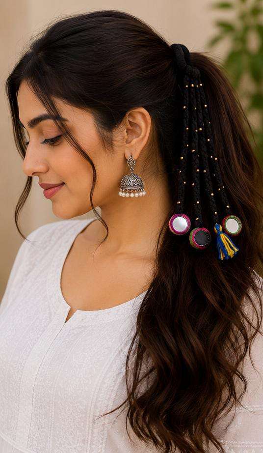 Elegant Festive Ponytail with Black Mirror-Work Paranda in Germany Namma Markt