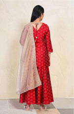 Red Embroidered Straight Art Silk Kurta with Sharara and Dupatta Set in Germany