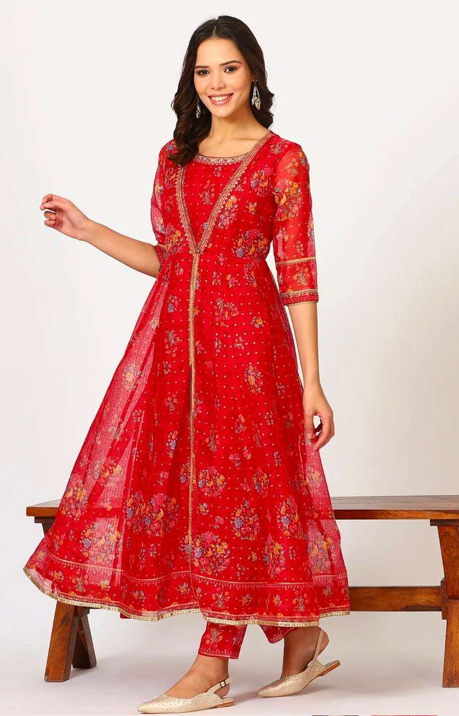 Red Polyester Printed 3/4th Sleeves Kurta Set in Germany