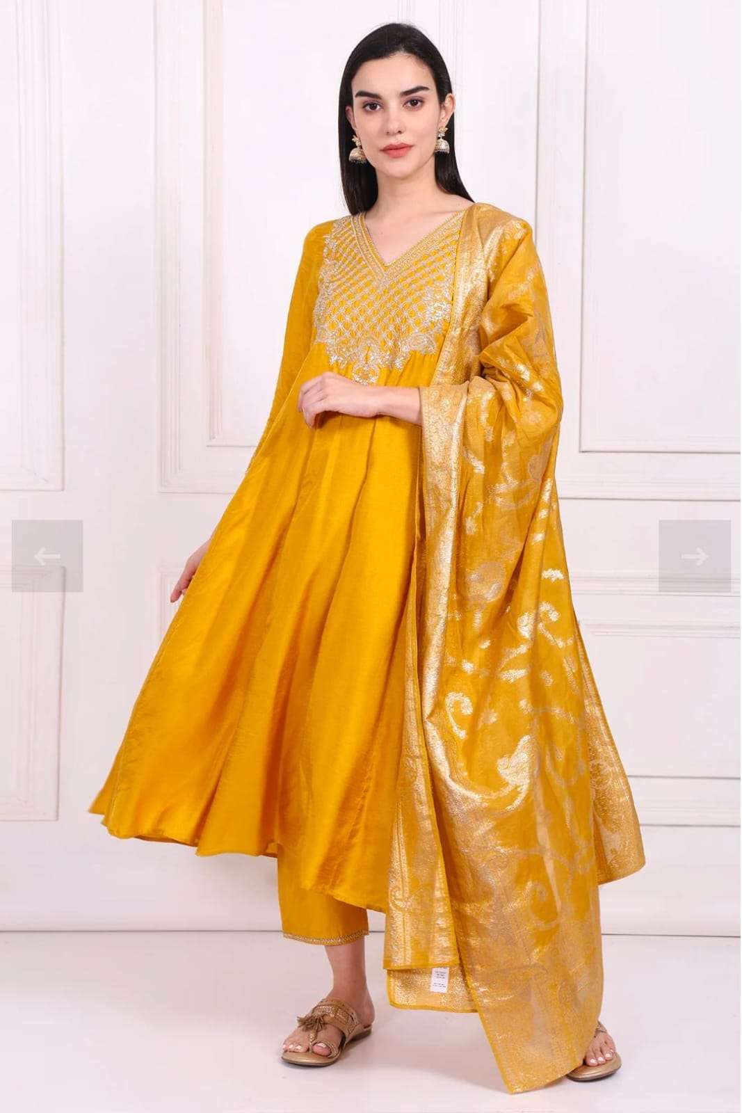 Yellow Embroidered Silk Flared Kurta, Straight Pants and Dupatta Set in Germany Namma Markt