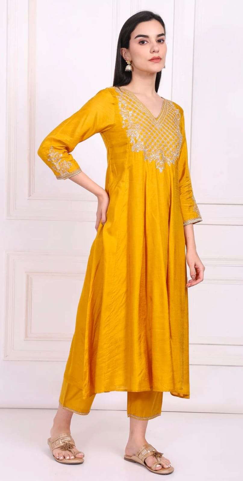 Yellow Embroidered Silk Flared Kurta, Straight Pants and Dupatta Set in Germany Namma Markt