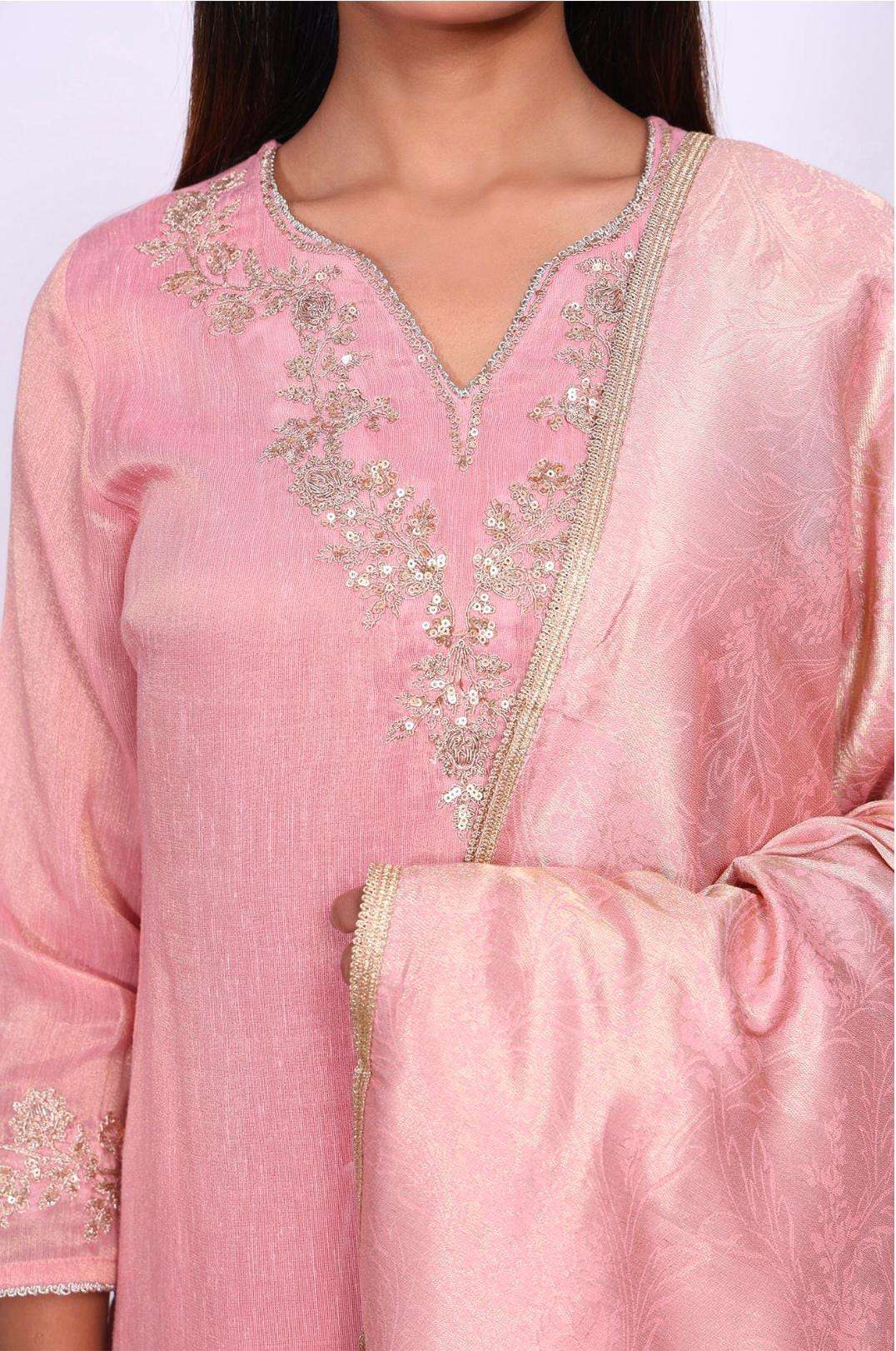 Pink Floral Tissue Straight Kurta with Straight Pant and Dupatta Set in Germany