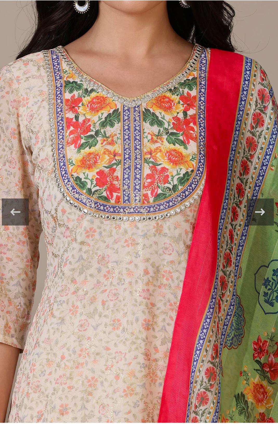 Beige Floral Printed Mirrir Work Short Kurta and Sharara Set with Dupatta in Germany