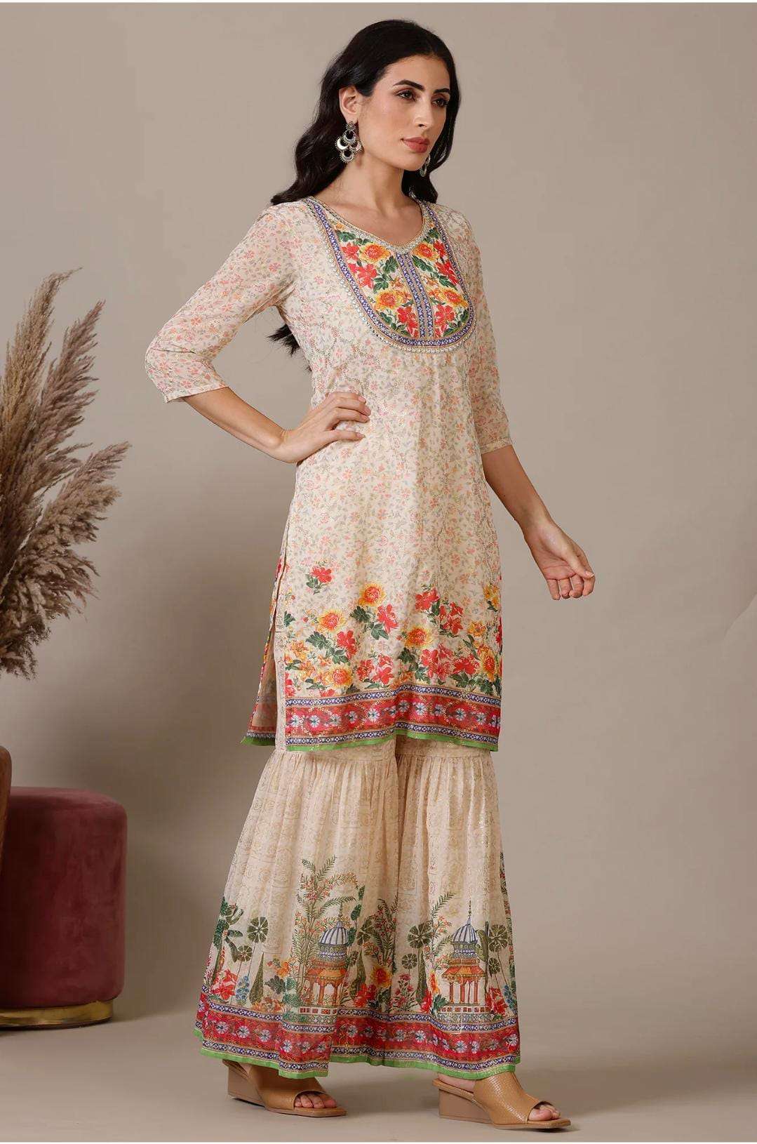 Beige Floral Printed Mirrir Work Short Kurta and Sharara Set with Dupatta in Germany