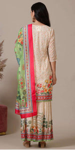 Beige Floral Printed Mirrir Work Short Kurta and Sharara Set with Dupatta in Germany