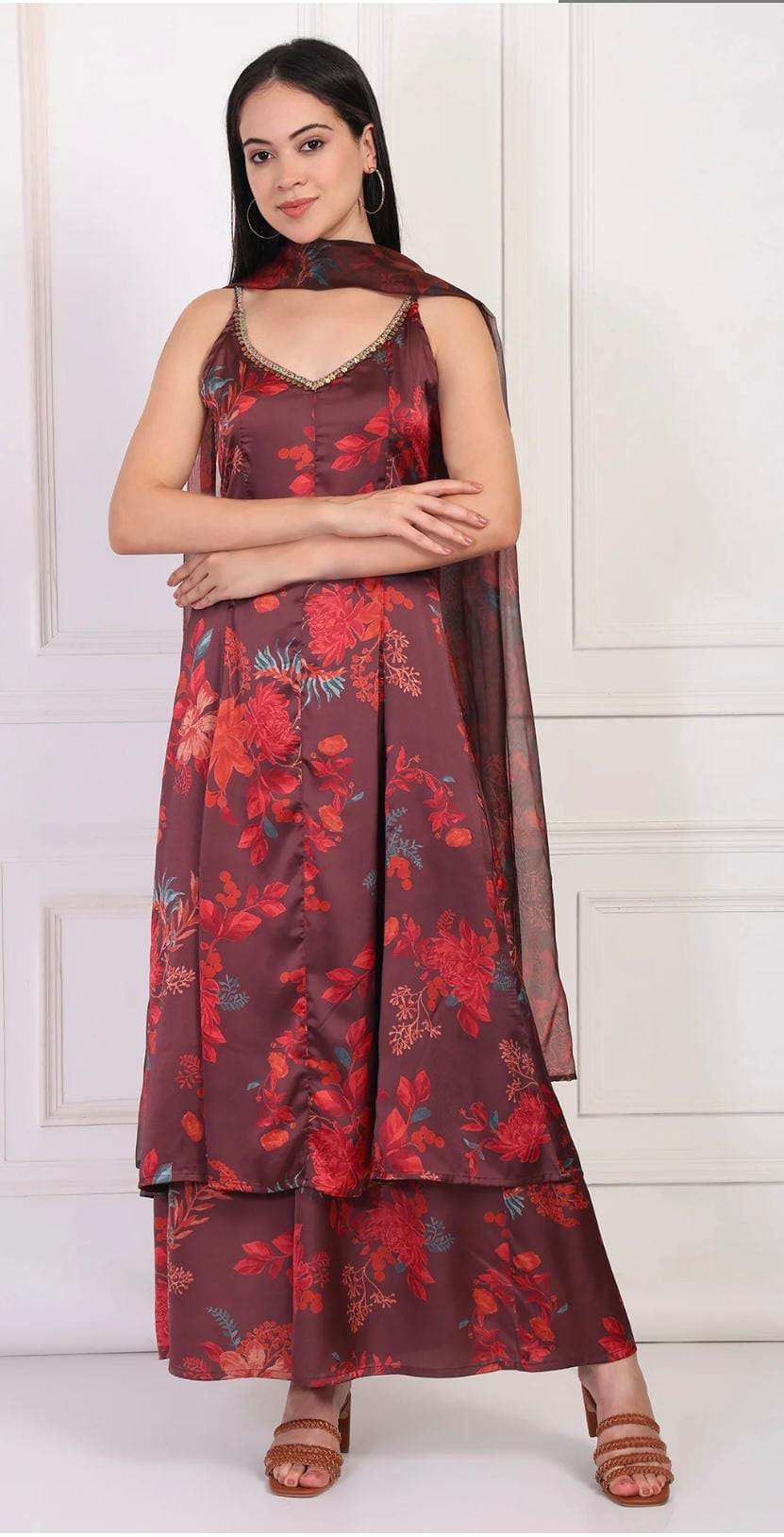 Maroon Floral Printed Sequined A-Line Satin Kurta with Flared Pant and Dupatta Set in Germany